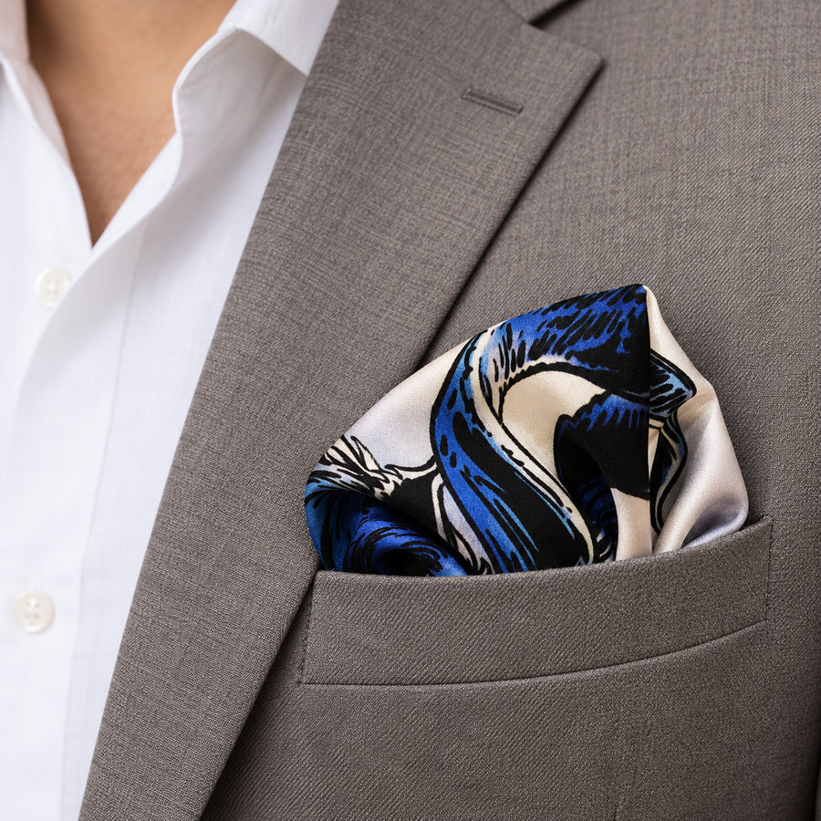 Pakistani Markhor pocket square — light jacket · wearing detail.