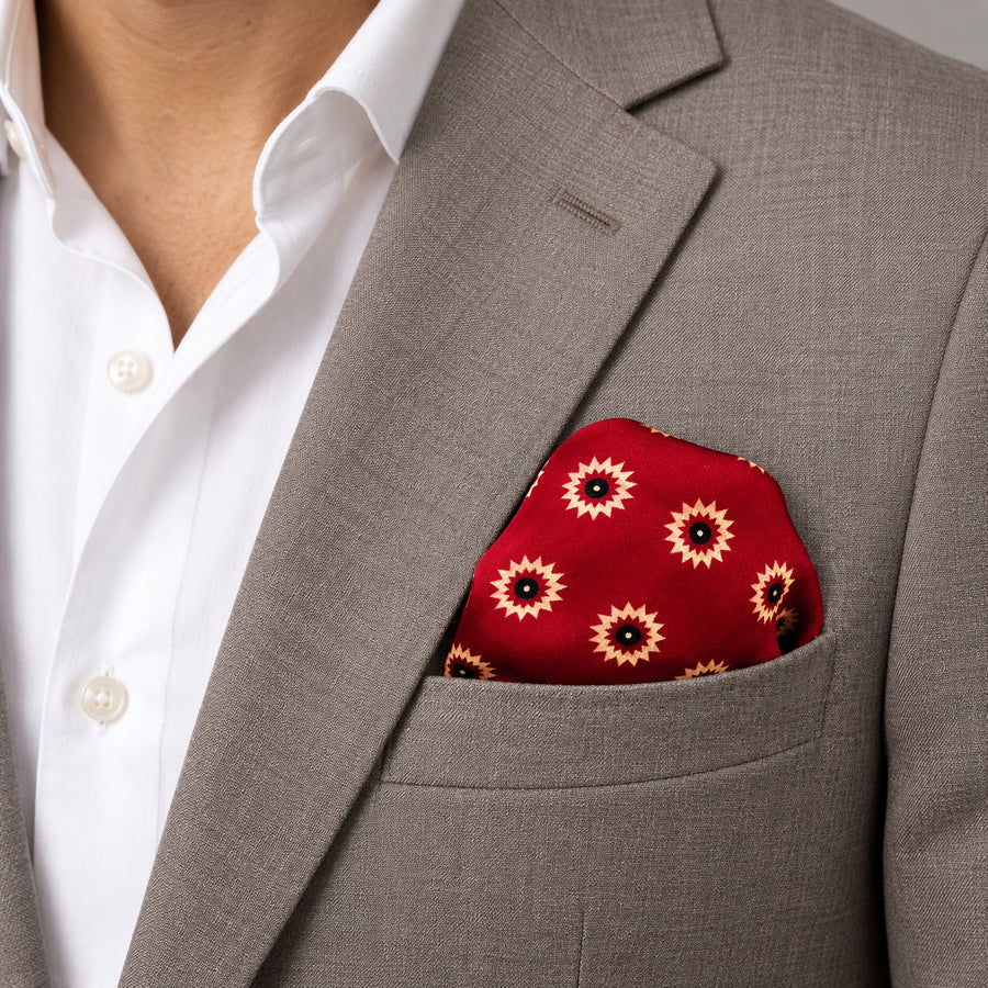 Maroon and Gold Reversible pocket square — light jacket · wearing detail.