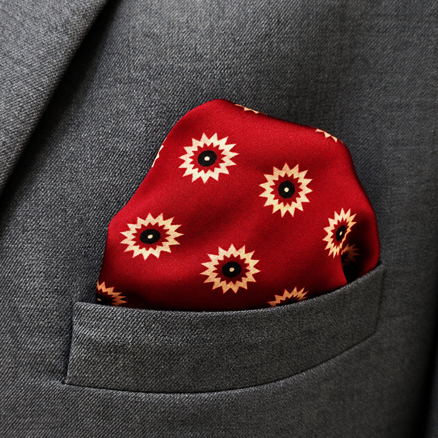 Maroon and Gold Reversible pocket square — close-up wearing detail.