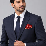 Maroon and Gold Reversible pocket square — formal model · navy and tie.