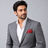 Maroon and Gold Reversible pocket square — model · light grey and open collar.