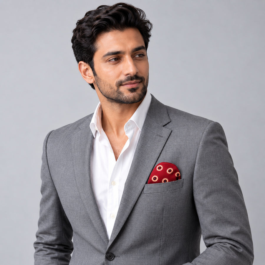 Maroon and Gold Reversible pocket square — model · light grey and open collar.
