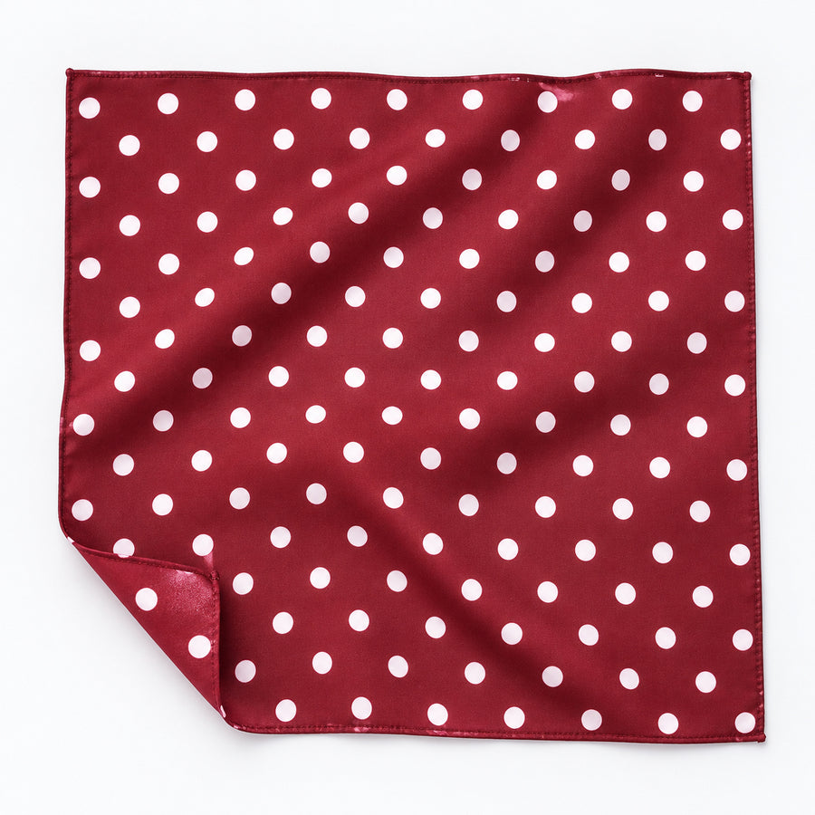 Maroon and White Polka Dots pocket square — unfolded studio detail.