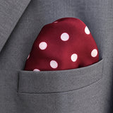 Maroon and White Polka Dots pocket square — close-up wearing detail.