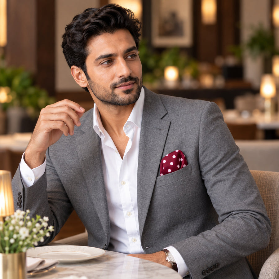 Maroon and White Polka Dots pocket square — restaurant lifestyle.