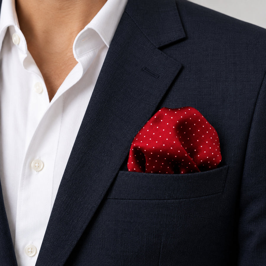 Merlot Mini Polka Dots pocket square — navy jacket · wearing detail.