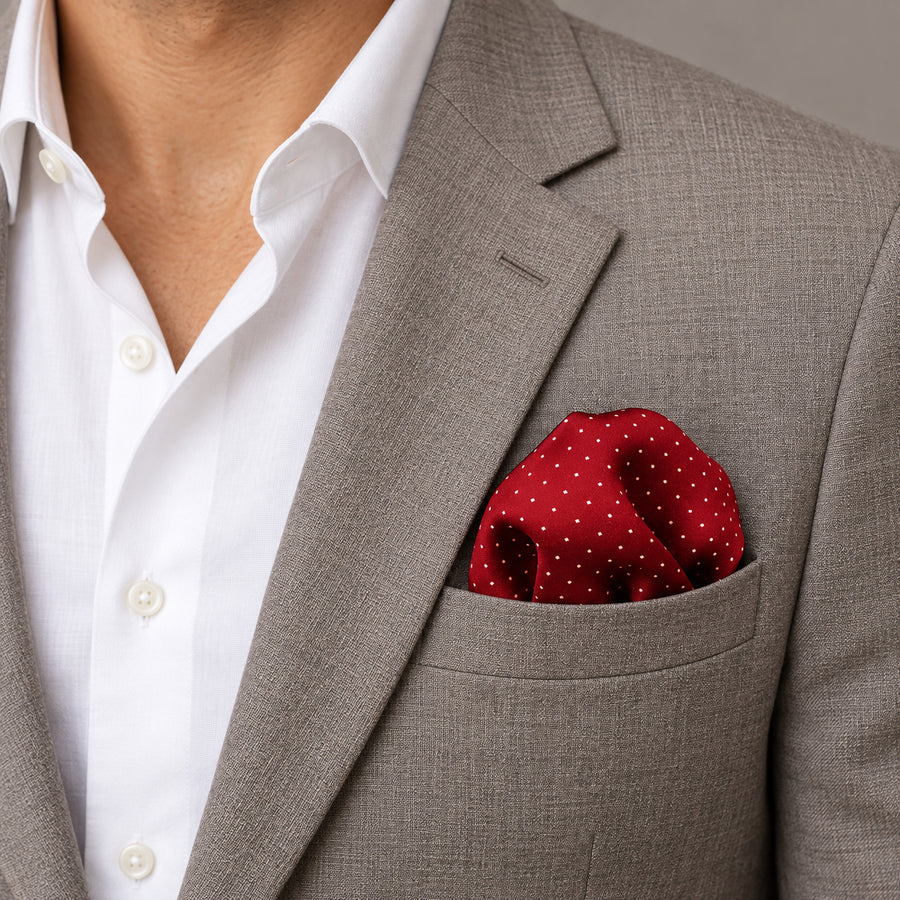 Merlot Mini Polka Dots pocket square — light jacket · wearing detail.
