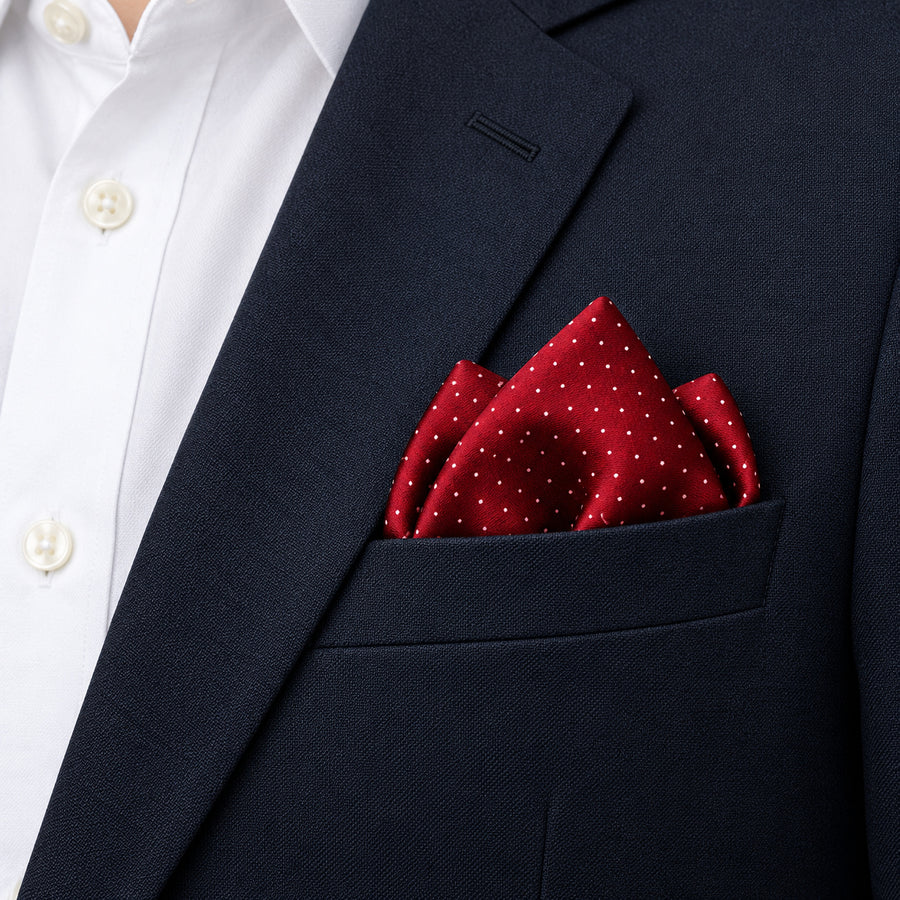 Merlot Mini Polka Dots pocket square — navy jacket · alternate fold.