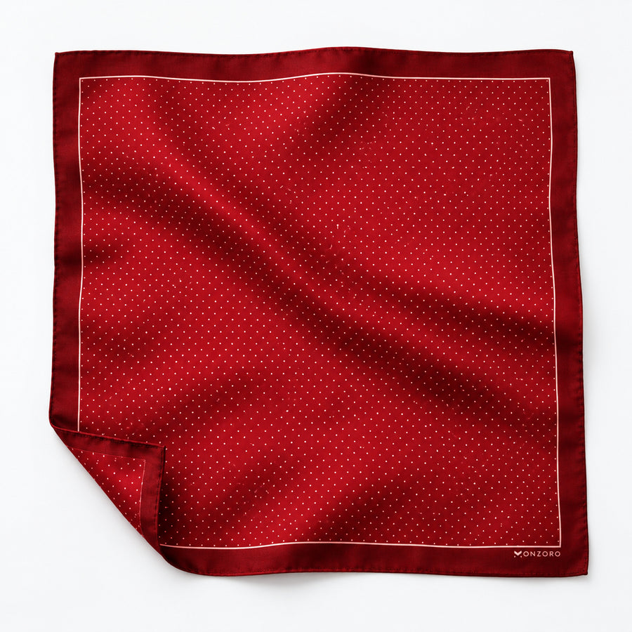 Merlot Mini Polka Dots pocket square — unfolded studio detail.