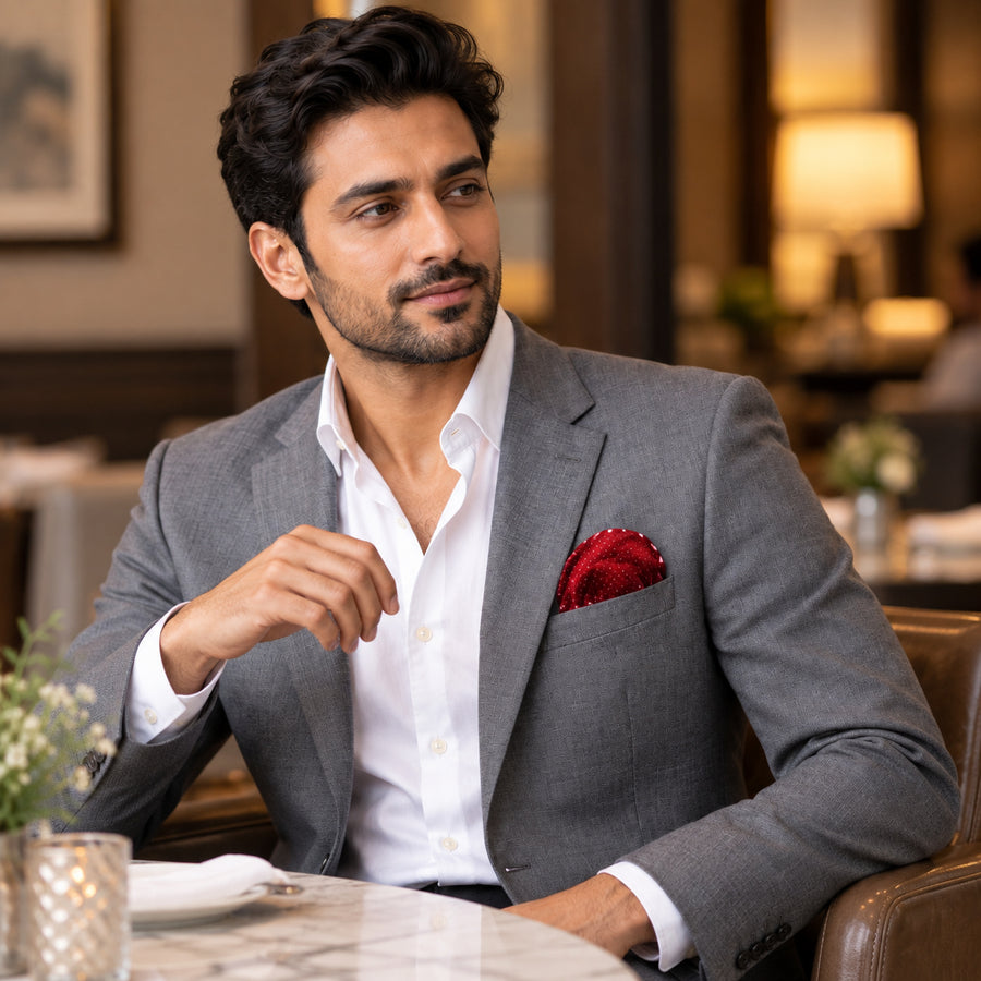 Merlot Mini Polka Dots pocket square — restaurant lifestyle.