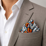 Mexican Floral Loop pocket square — light jacket · wearing detail.