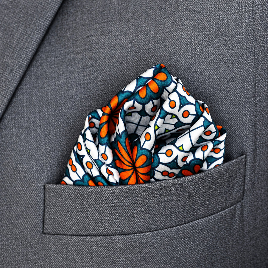 Mexican Floral Loop pocket square — close-up wearing detail.