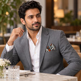 Mexican Floral Loop pocket square — restaurant lifestyle.