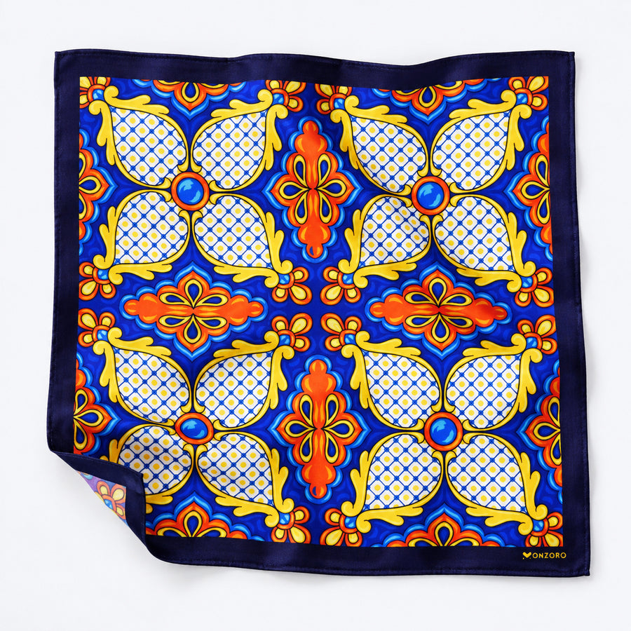 Mexican Talavera pocket square — unfolded studio detail.