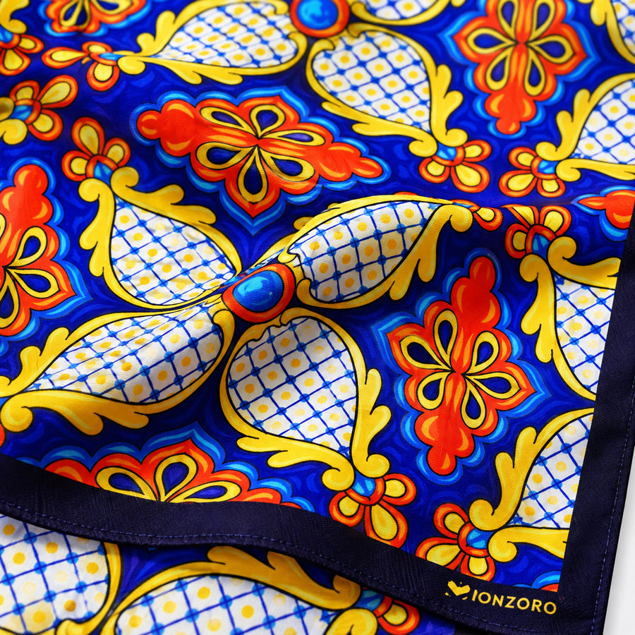Mexican Talavera pocket square — fabric and design close-up.