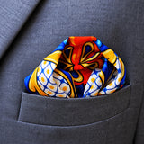 Mexican Talavera pocket square — close-up wearing detail.