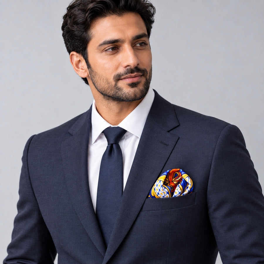 Mexican Talavera pocket square — formal model · navy and tie.