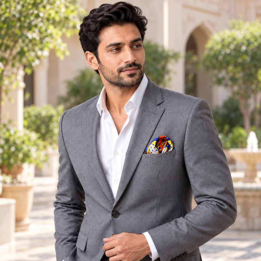 Mexican Talavera pocket square — outdoor lifestyle.