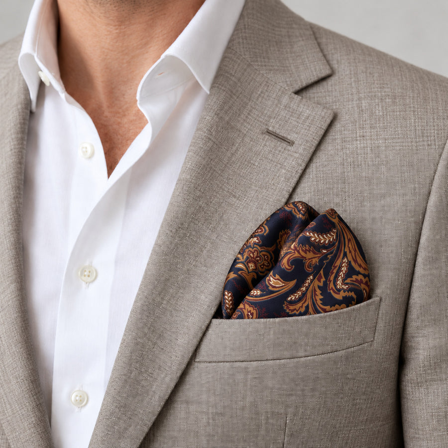 Midnight Copper Paisley Silk Pocket Square — Light jacket · rounded puff