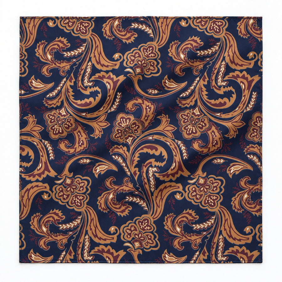 Midnight Copper Paisley Silk Pocket Square — Unfolded studio detail