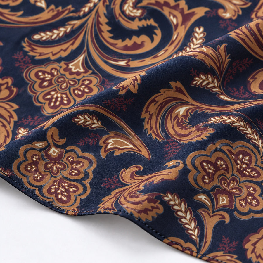 Midnight Copper Paisley Silk Pocket Square — Fabric and design close-up