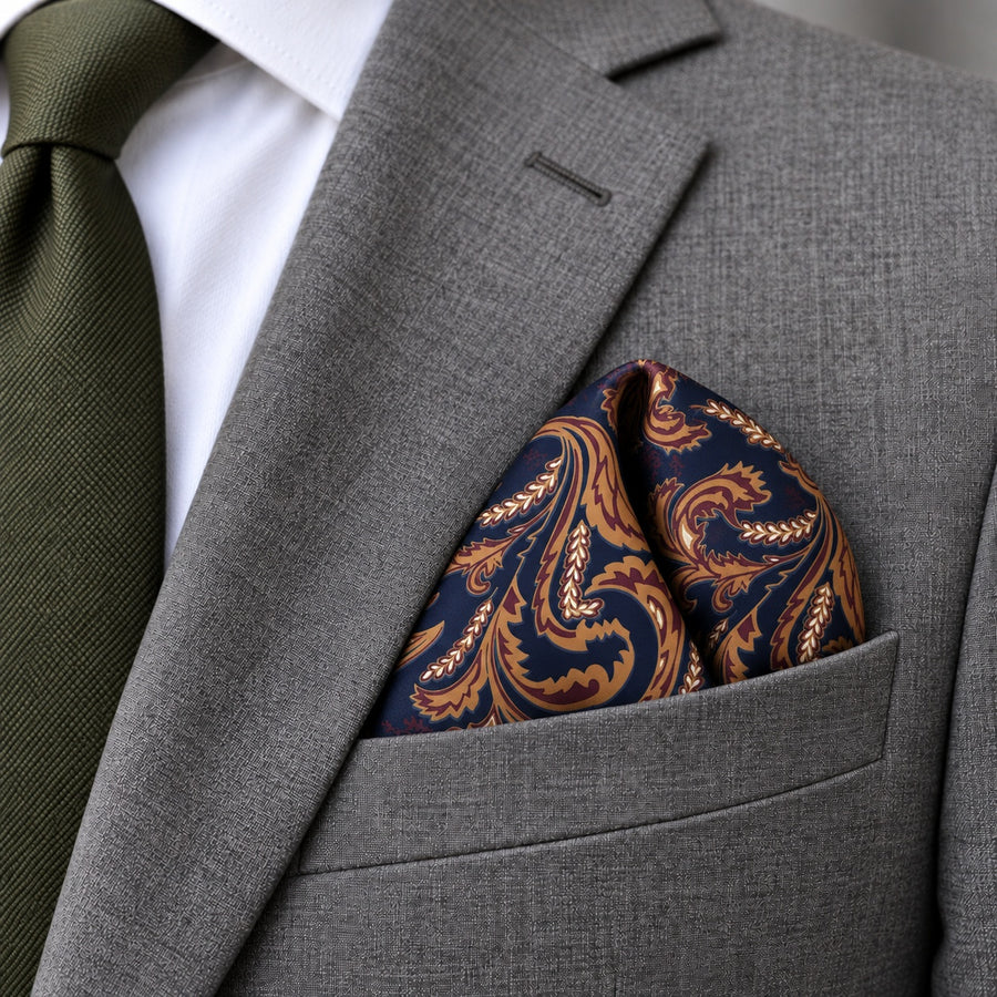 Midnight Copper Paisley Silk Pocket Square — Close-up wearing detail