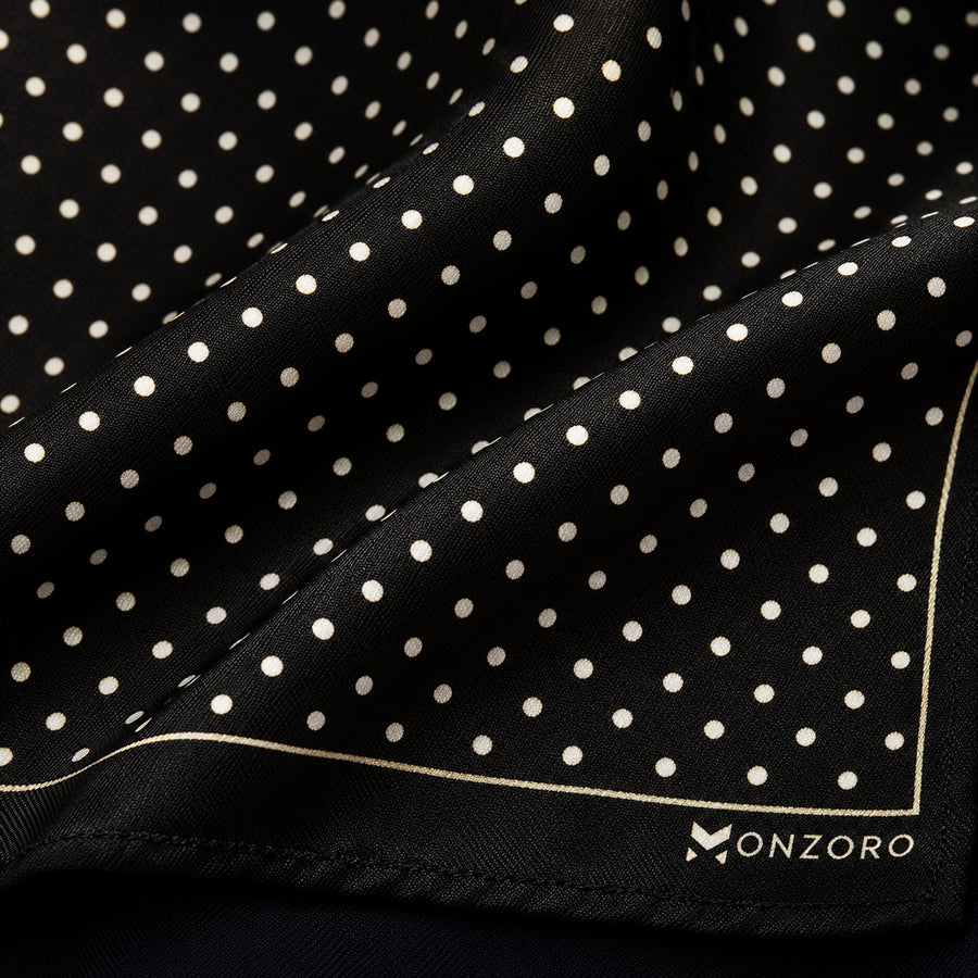 Mini Point Black pocket square — fabric and design close-up.