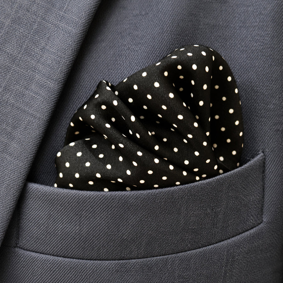 Mini Point Black pocket square — close-up wearing detail.