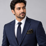 Mini Point Black pocket square — formal model · navy and tie.