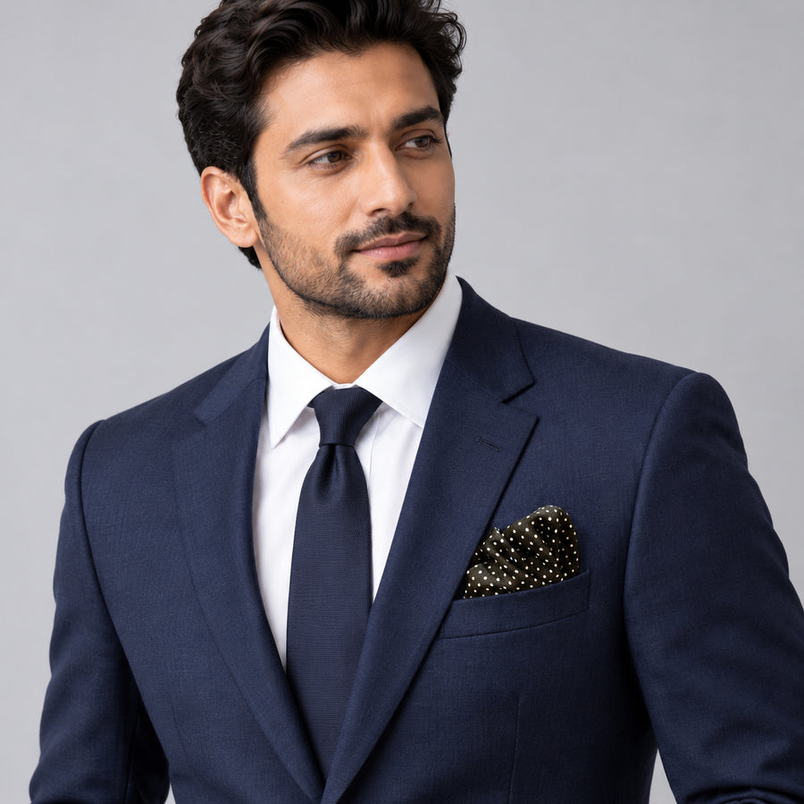 Mini Point Black pocket square — formal model · navy and tie.