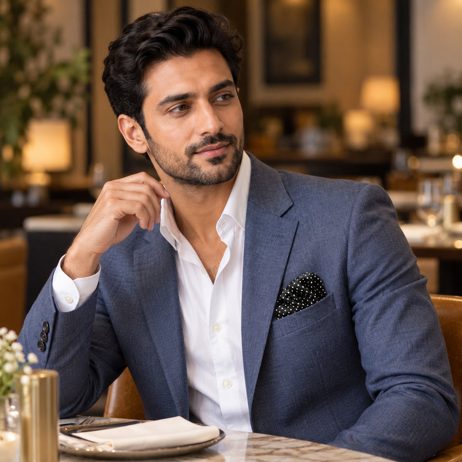 Mini Point Black pocket square — restaurant lifestyle.