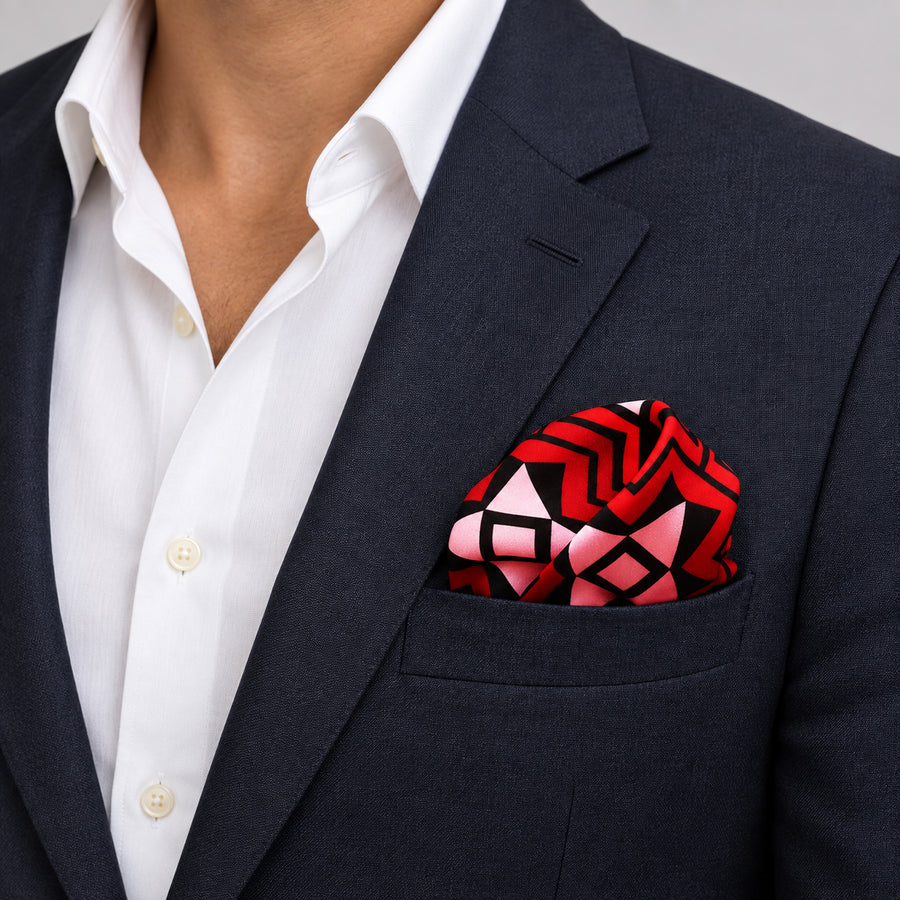 Missoula Museum pocket square — navy jacket · wearing detail.