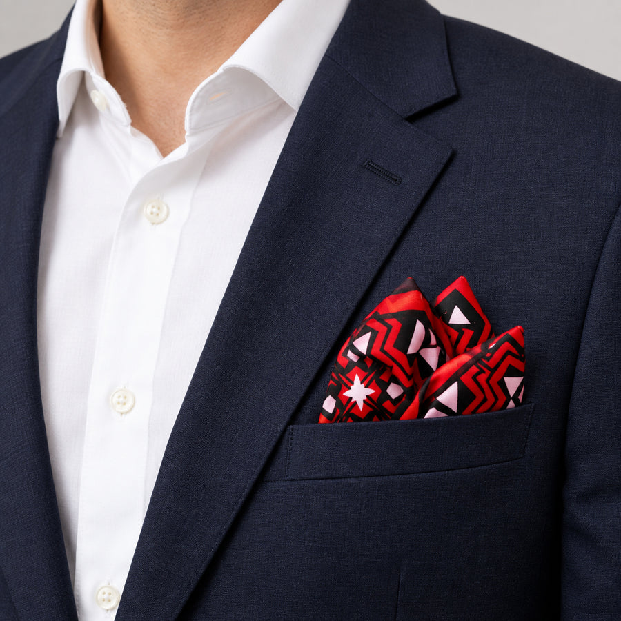 Missoula Museum pocket square — navy jacket · alternate fold.