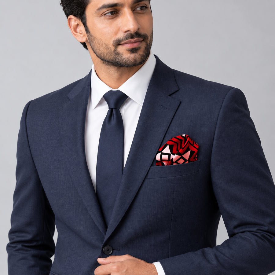 Missoula Museum pocket square — formal model · navy and tie.