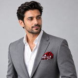 Missoula Museum pocket square — model · light grey and open collar.