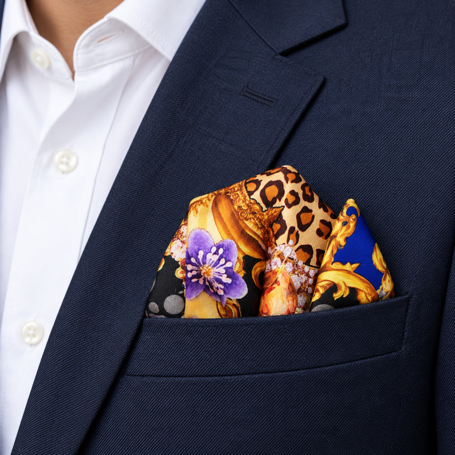 Mixed Pattern pocket square — navy jacket · alternate fold.