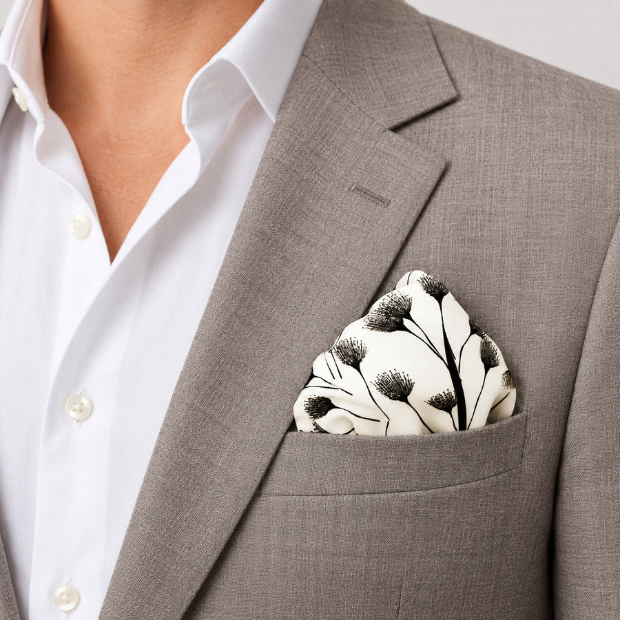 Modern Floral pocket square — light jacket · wearing detail.