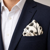 Modern Floral pocket square — navy jacket · alternate fold.