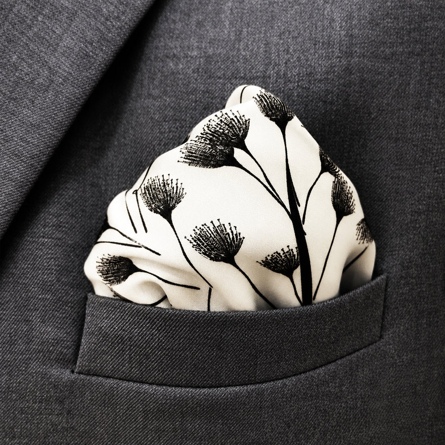 Modern Floral pocket square — close-up wearing detail.