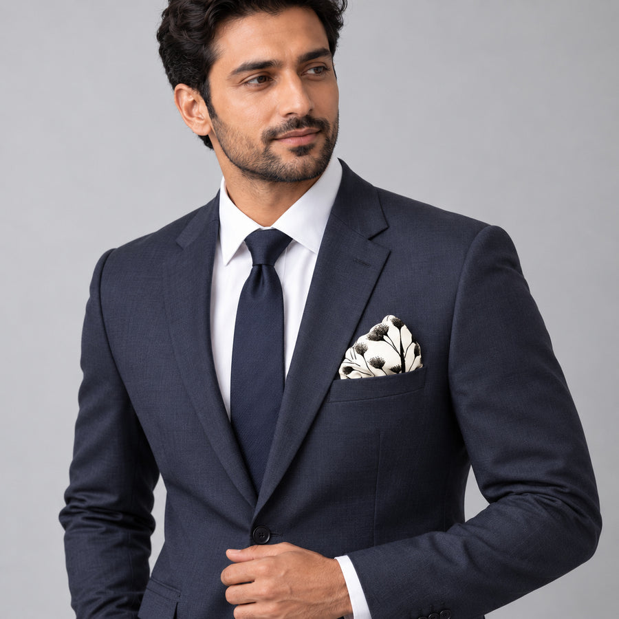 Modern Floral pocket square — formal model · navy and tie.