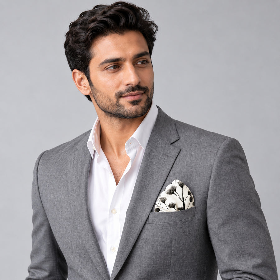 Modern Floral pocket square — model · light grey and open collar.