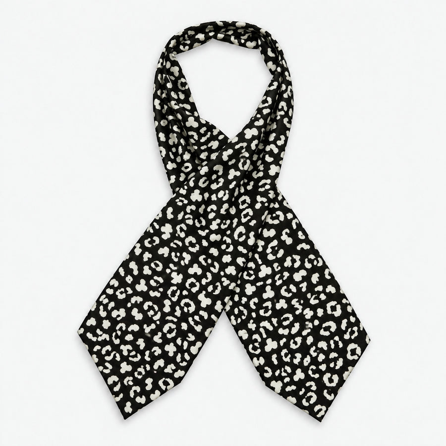 Black and White Leopard Silk Ascot — Crossed full-length layout