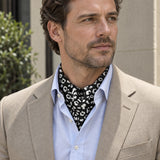 Black and White Leopard Silk Ascot — Beige · open collar detail