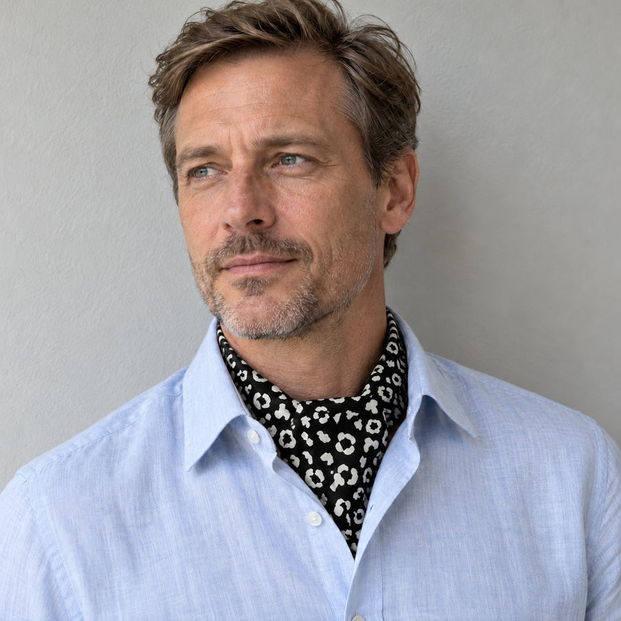 Black and White Leopard Silk Ascot — Shirt-only portrait