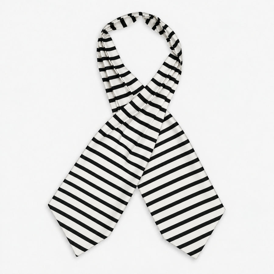 Black & White Stripes Silk Ascot — Crossed full-length layout