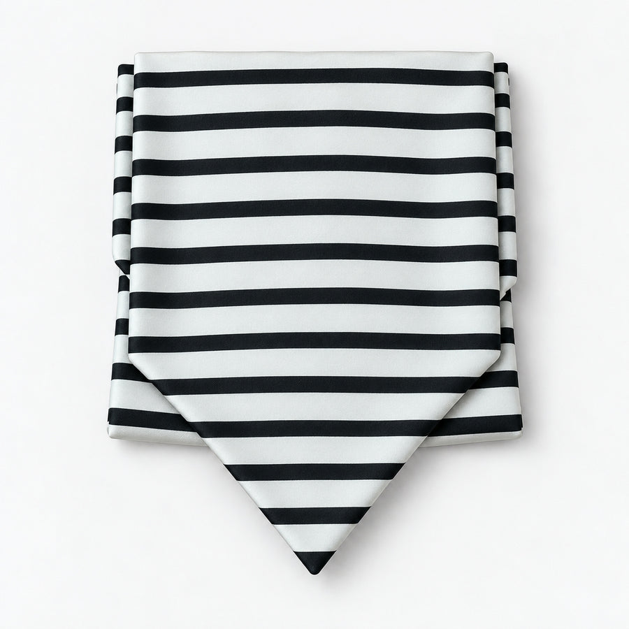 Black & White Stripes Silk Ascot — Compact folded display