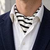 Black & White Stripes Silk Ascot — Navy · soft knot detail
