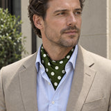 Forest Polka Silk Ascot — Beige · open collar detail
