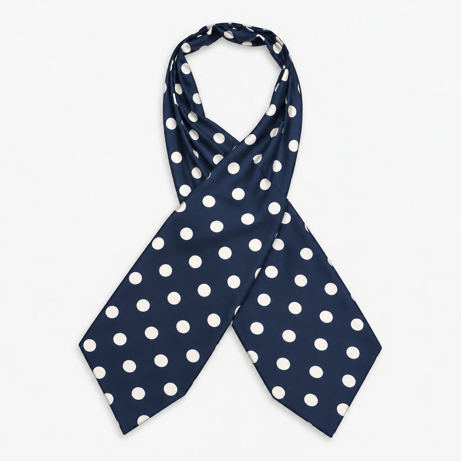 Navy Polka Silk Ascot — Crossed full-length layout