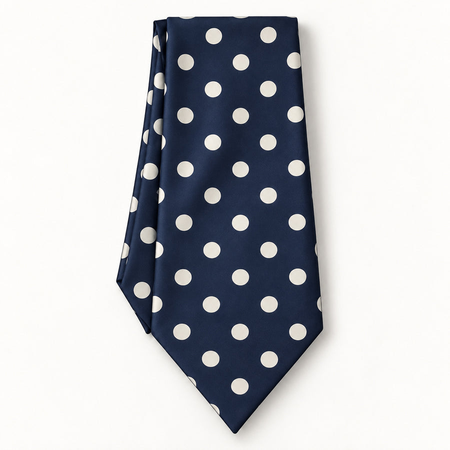 Navy Polka Silk Ascot — Long folded presentation